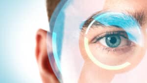 augmented reality and biometric iris recognition or visual acuity check up